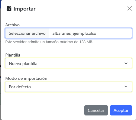 Modal de importación