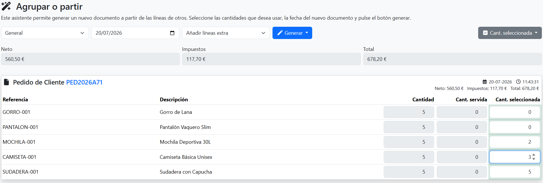 Cantidades seleccionadas ajustadas según el ejemplo