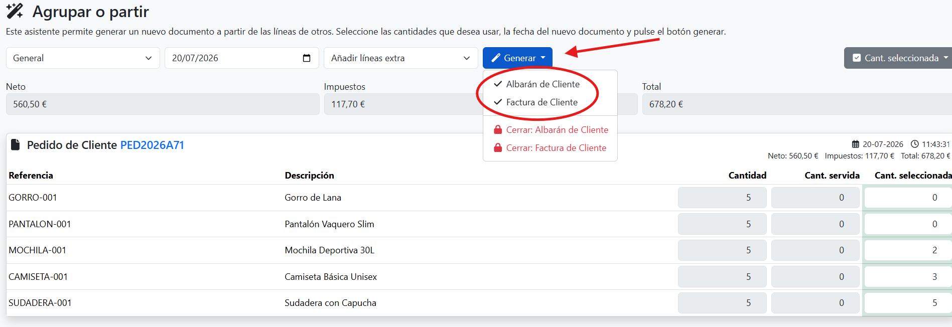 Botón Generar y opción Albarán de Cliente