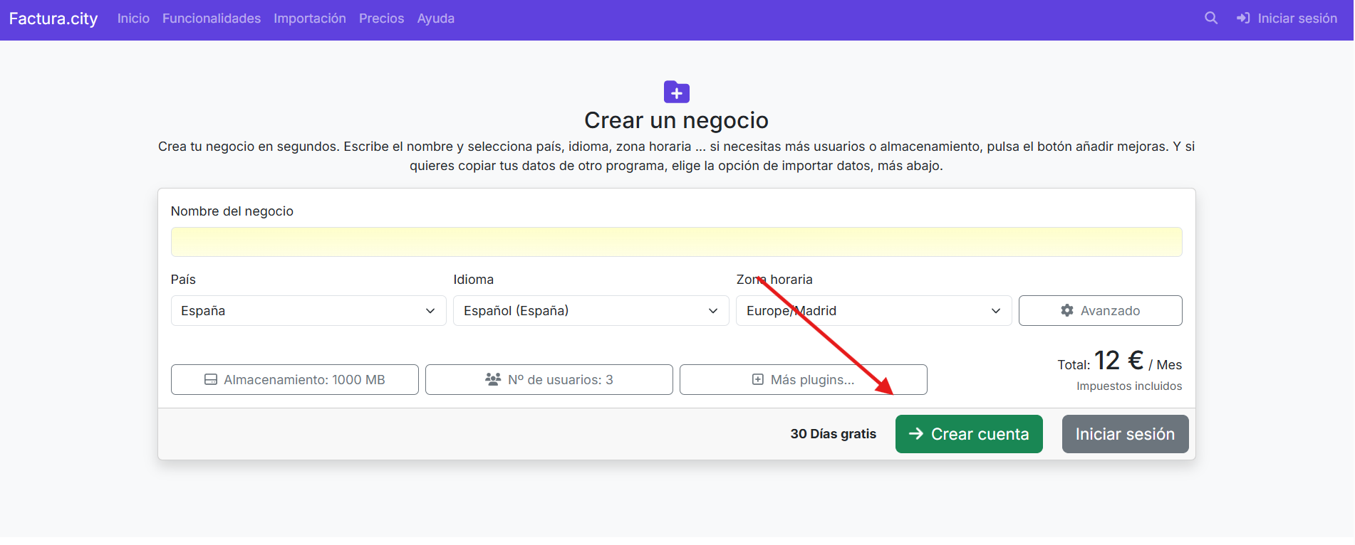 Botón crear cuenta desde la creación de la instalación