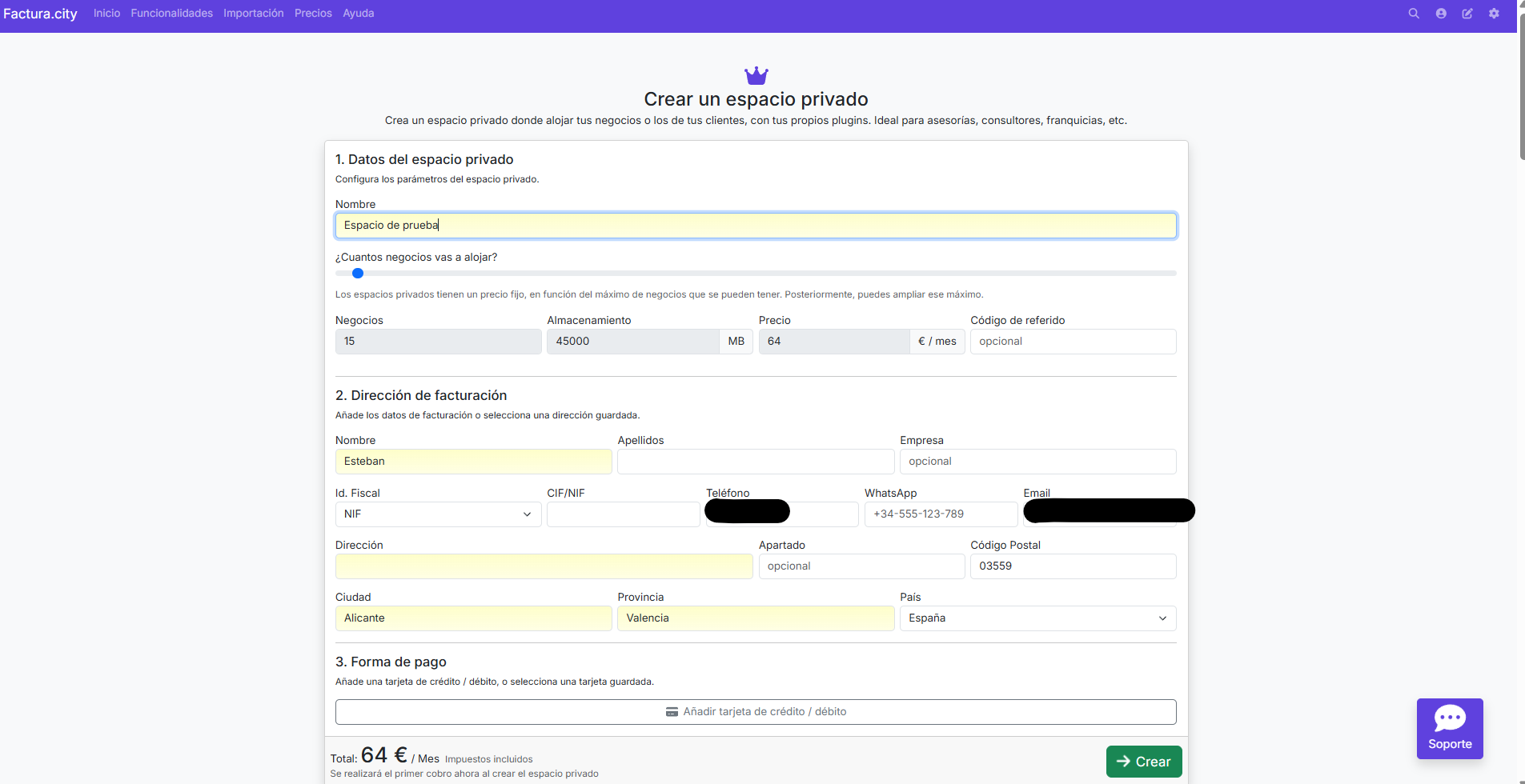 dar de alta nuevo espacio privado