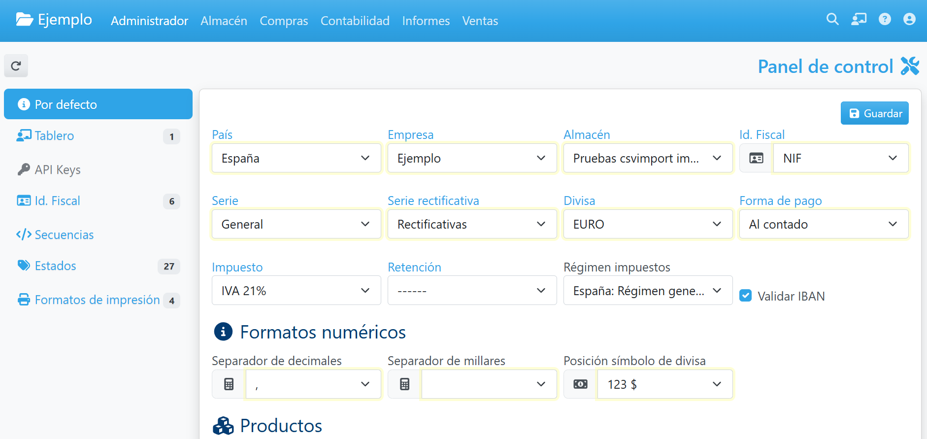 panel de control