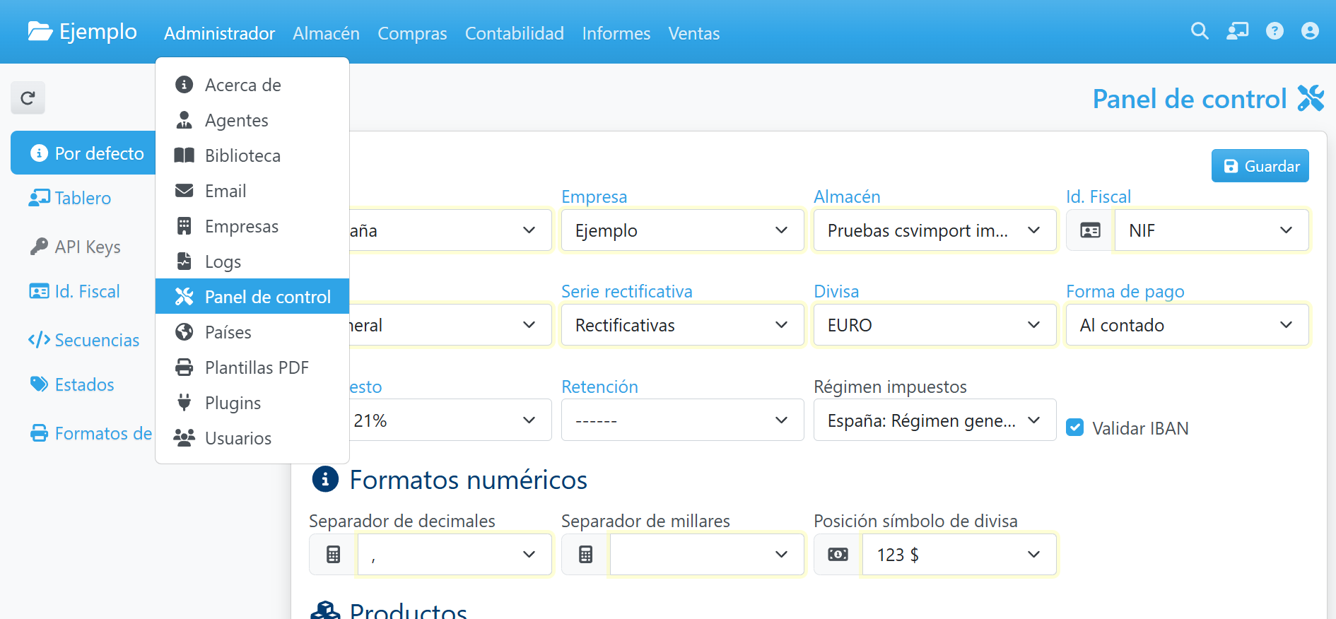 panel de control
