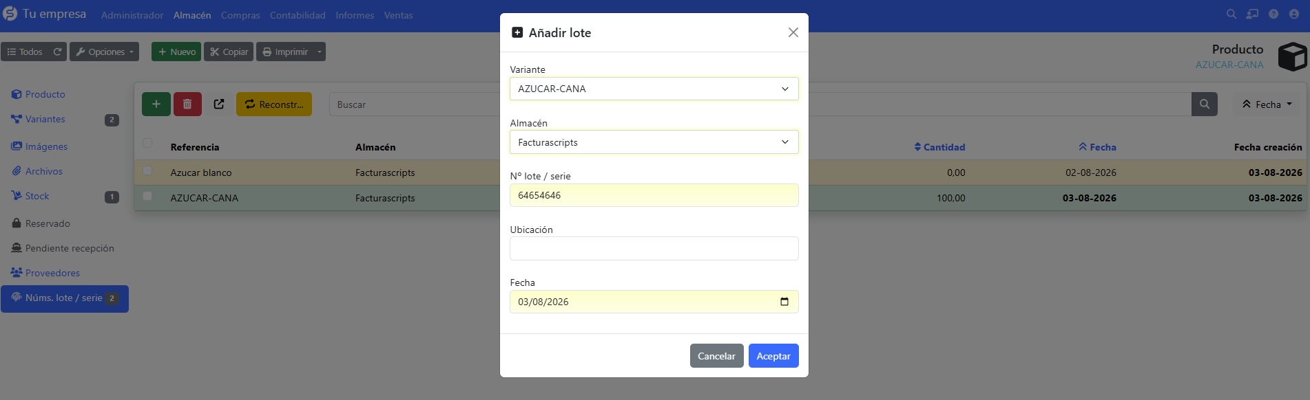 añadir lote desde la ficha del producto