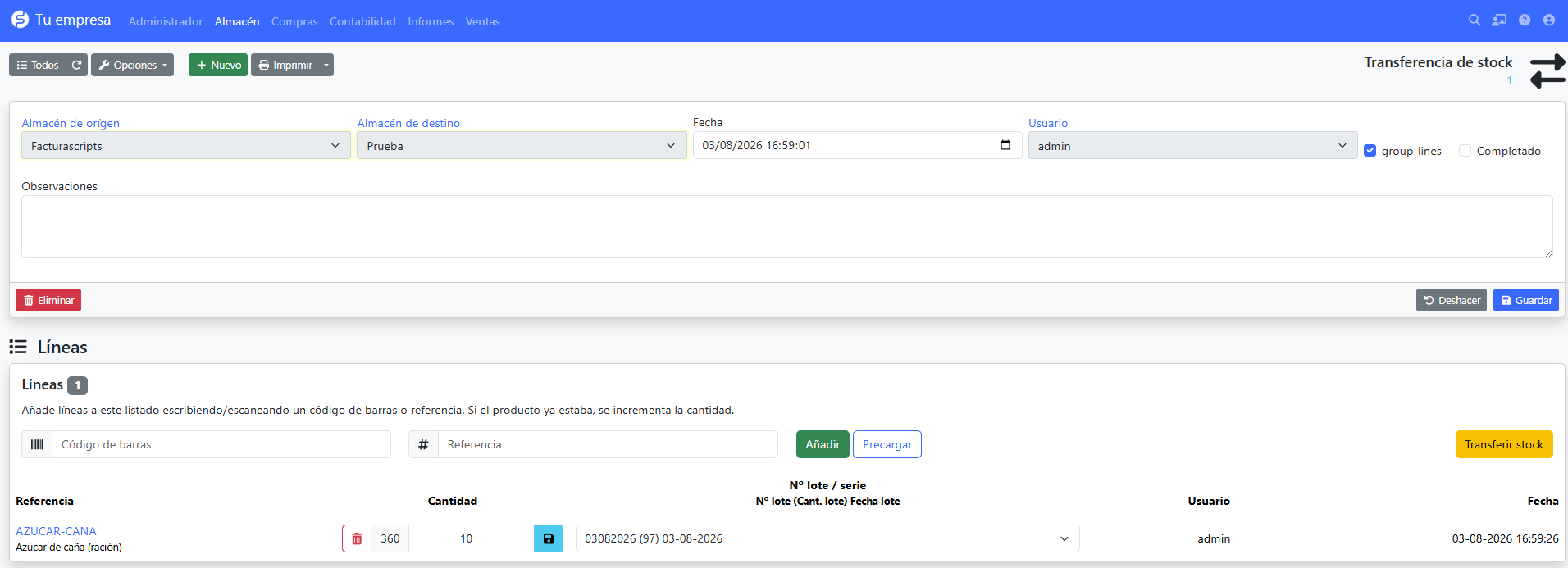 seleccionar lote en una transferencia de stock
