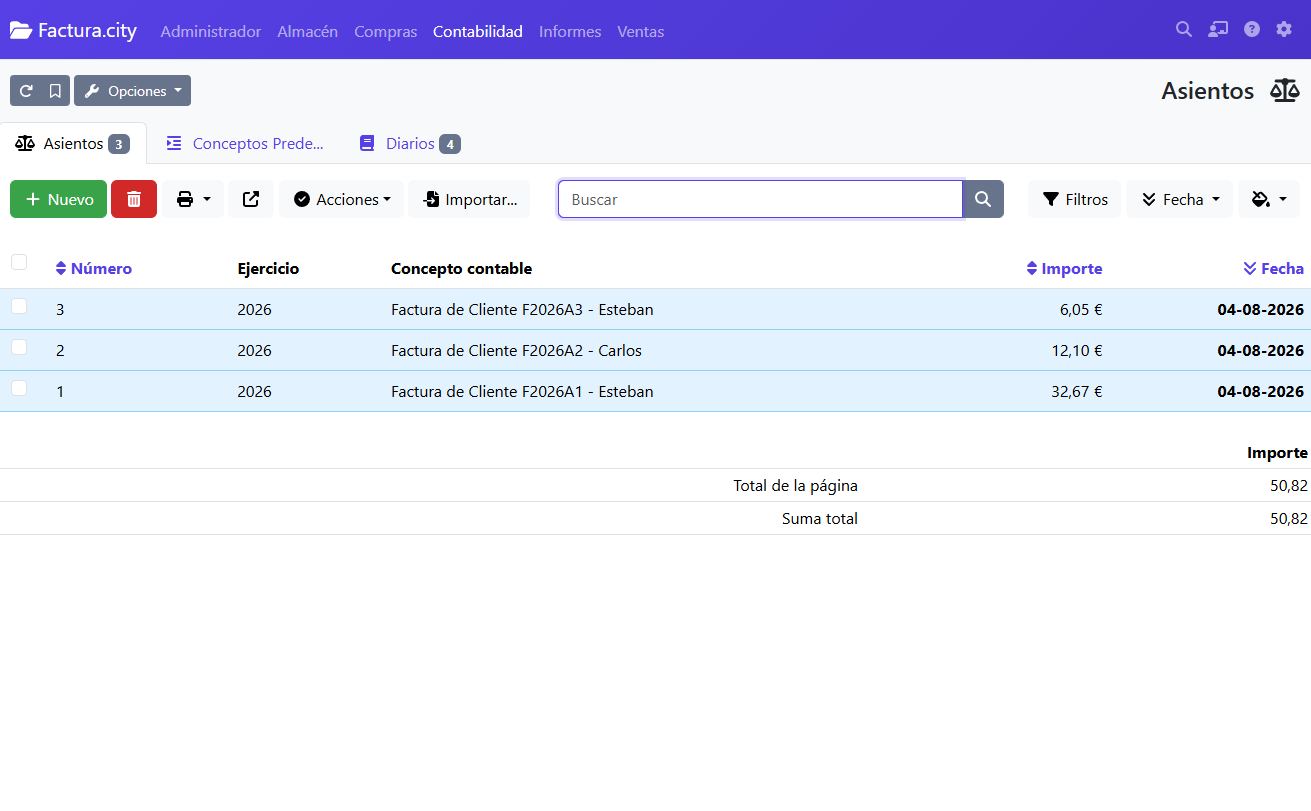 Listado de asientos contables de factura.city, generados automáticamente a partir de facturas de cliente, con su ejercicio, concepto e importe