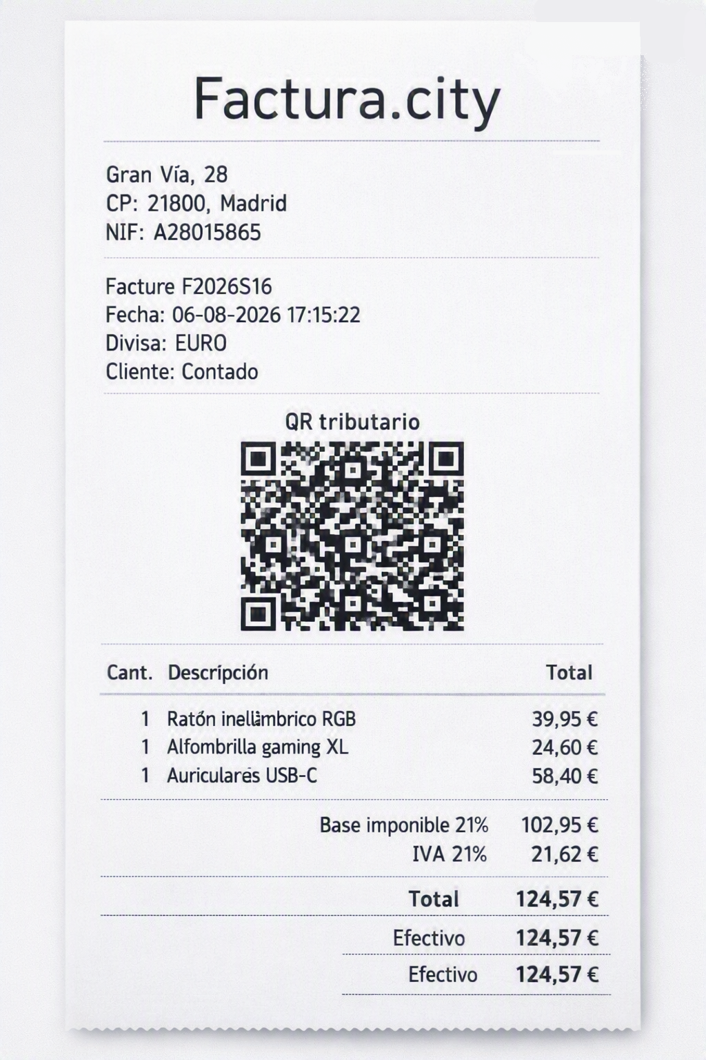 Ticket de venta impreso con el nombre y los datos fiscales de la empresa, el código QR tributario, las líneas del ticket y el desglose de IVA