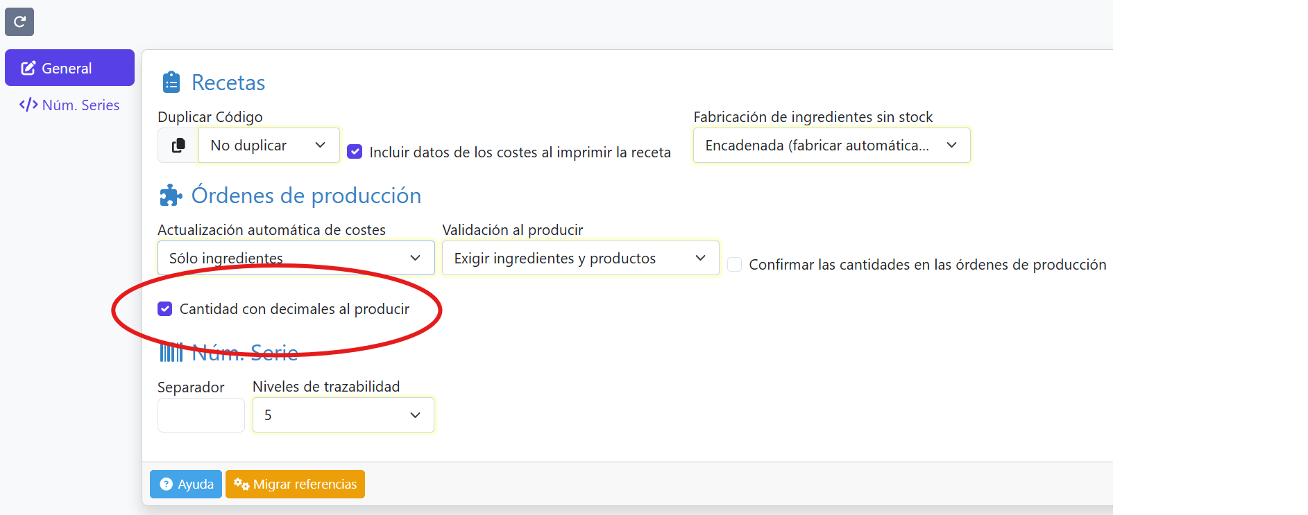 poner decimales producción