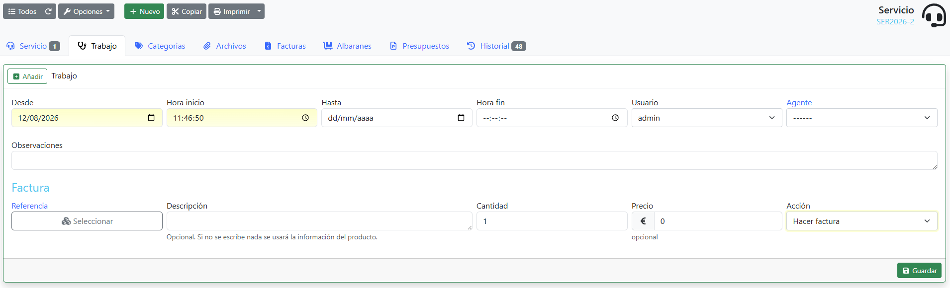 parte de trabajo servicio