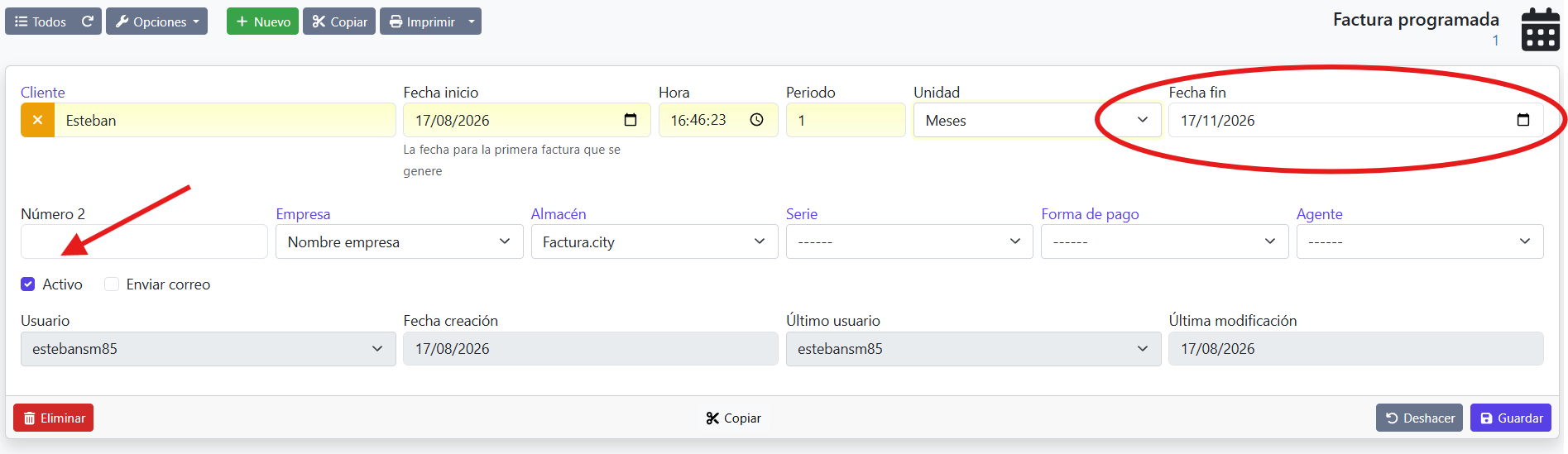 Activar facturas programadas