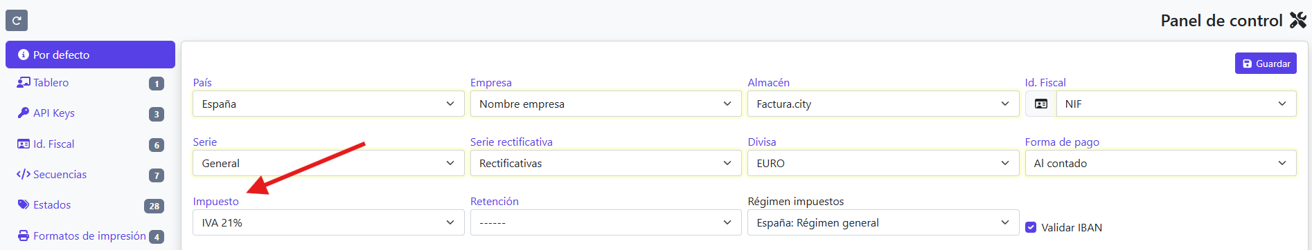 Panel de control impuestos