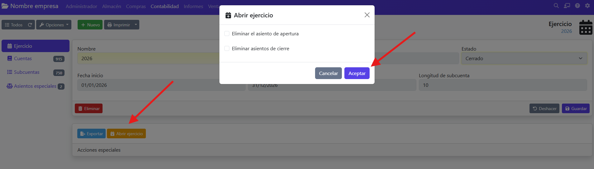 reabrir ejercicio