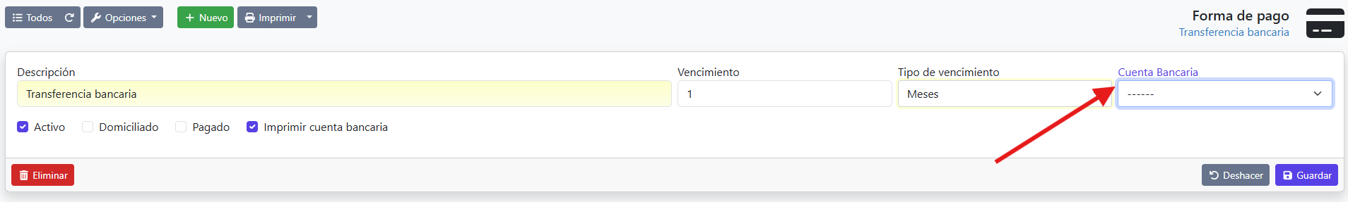 vincular forma de pago con cuenta bancaria