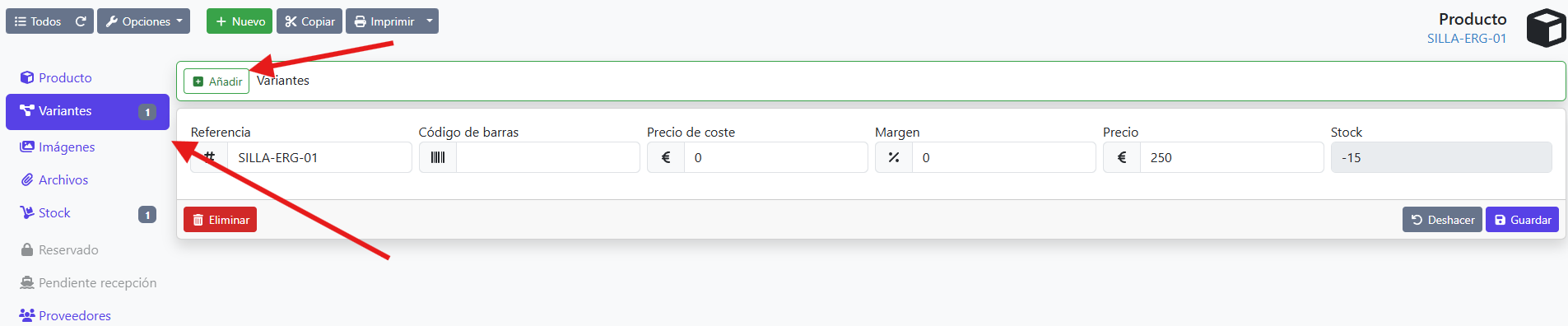 crear nueva variante