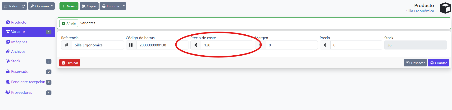 precio de coste de variante