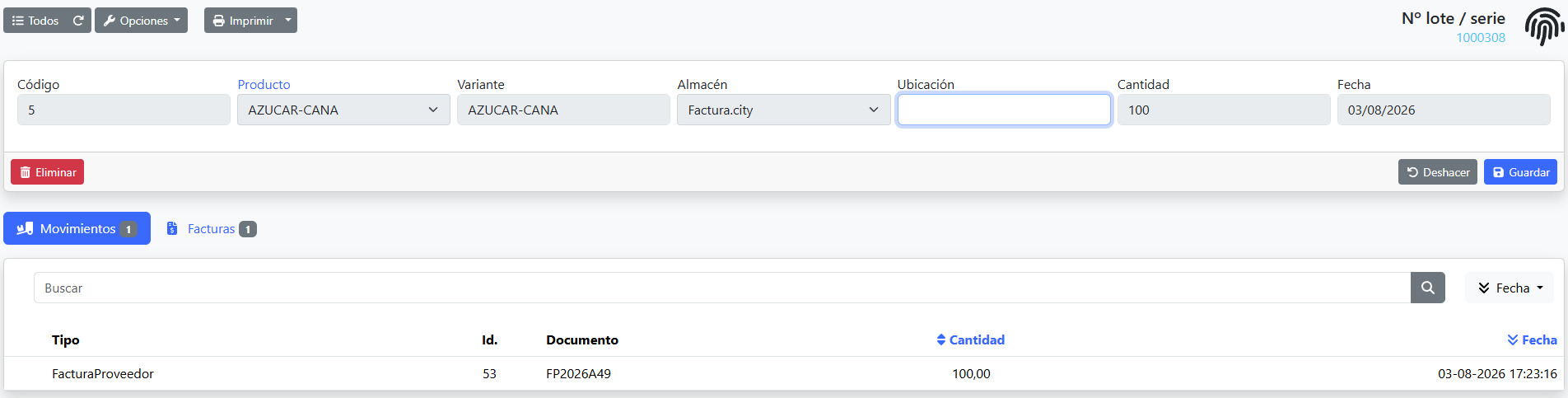 lista de movimientos del lote