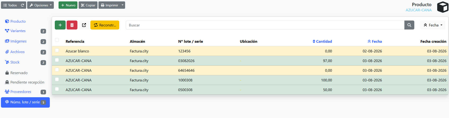 lista lotes de articulo