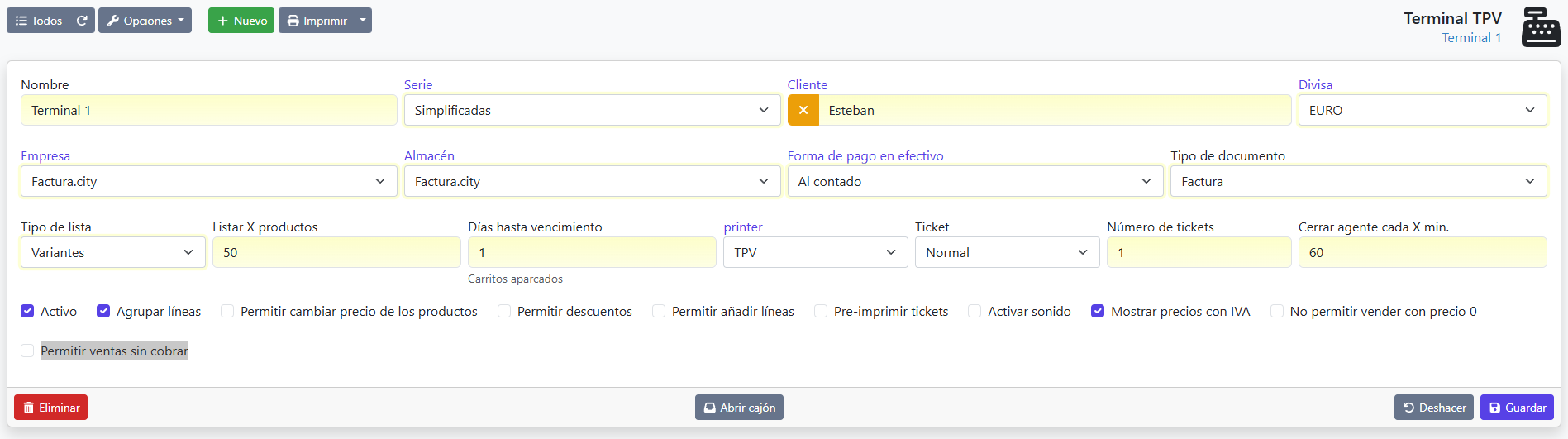 configuración del terminal