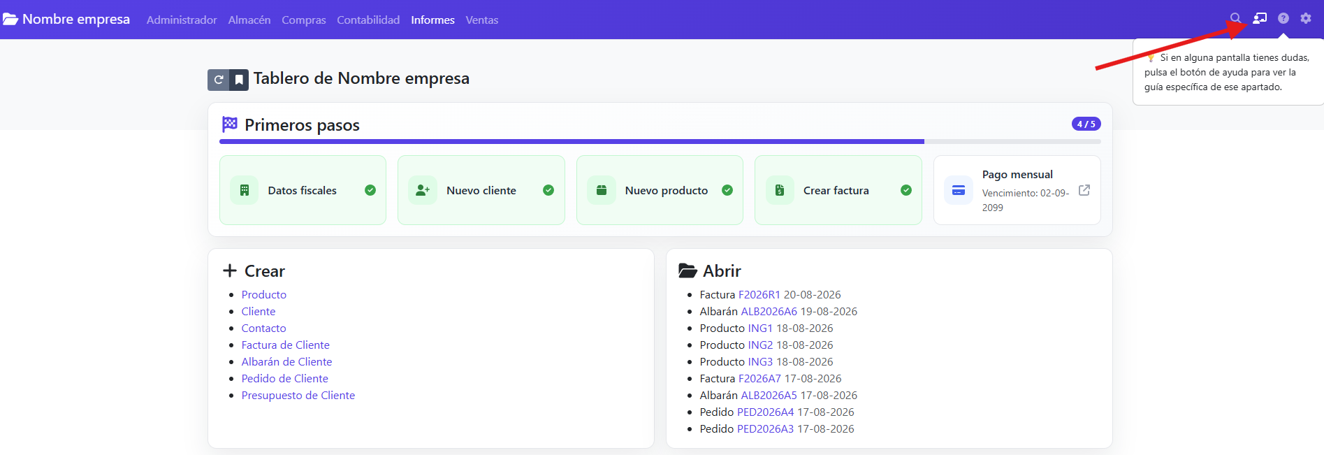 mostrar tablero o dashboard