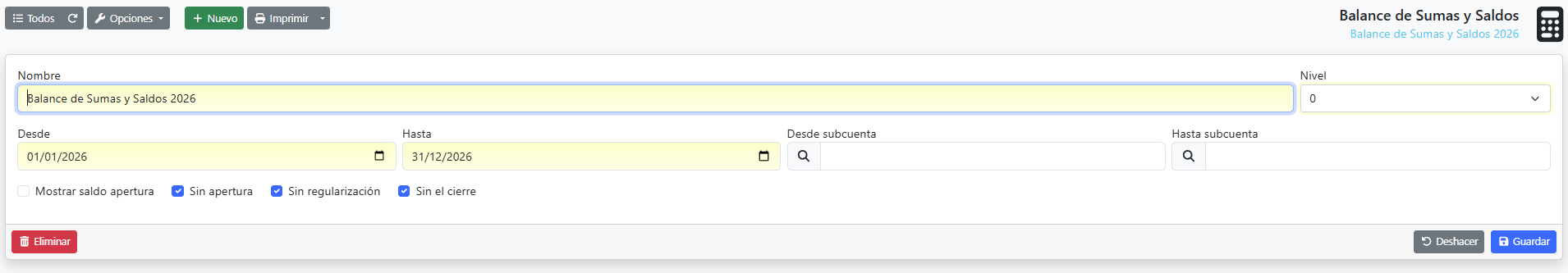 Editar balance de sumas y saldos