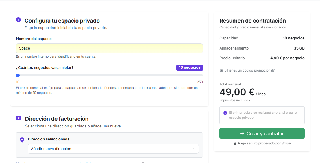dar de alta nuevo espacio privado
