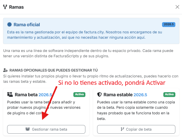 botón para actualizar la rama beta