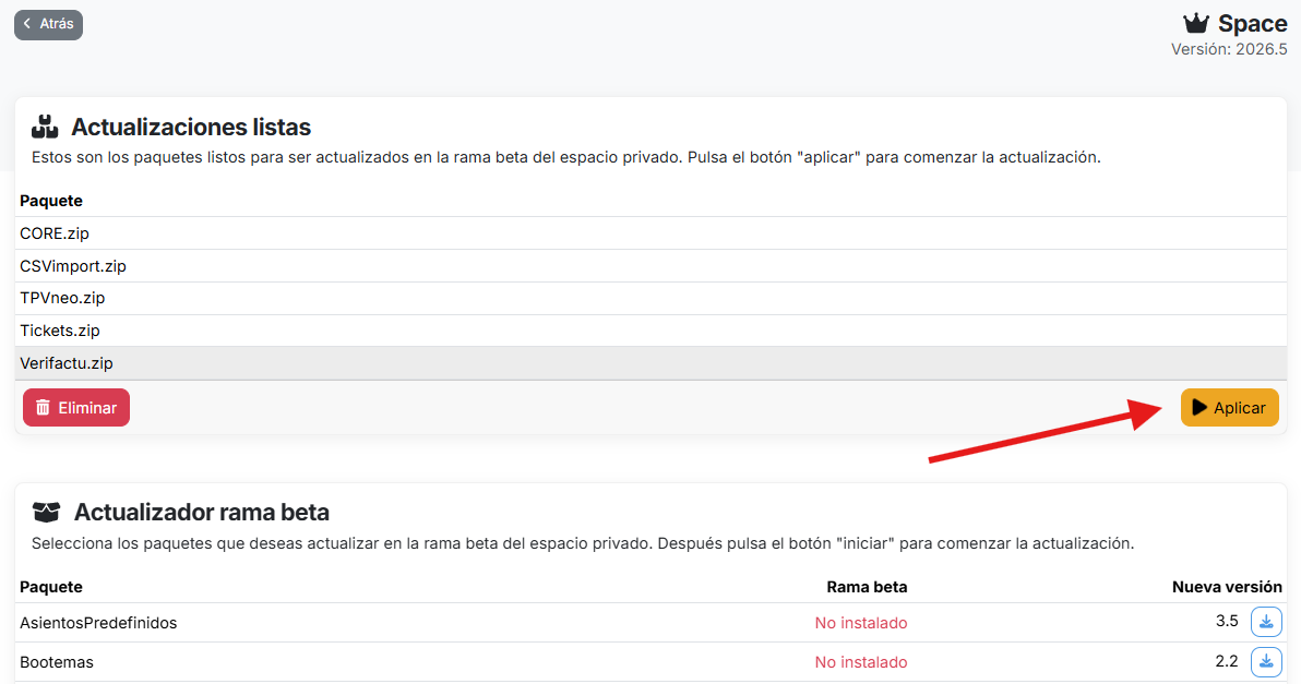aplicar las actualizaciones del espacio privado a la rama beta