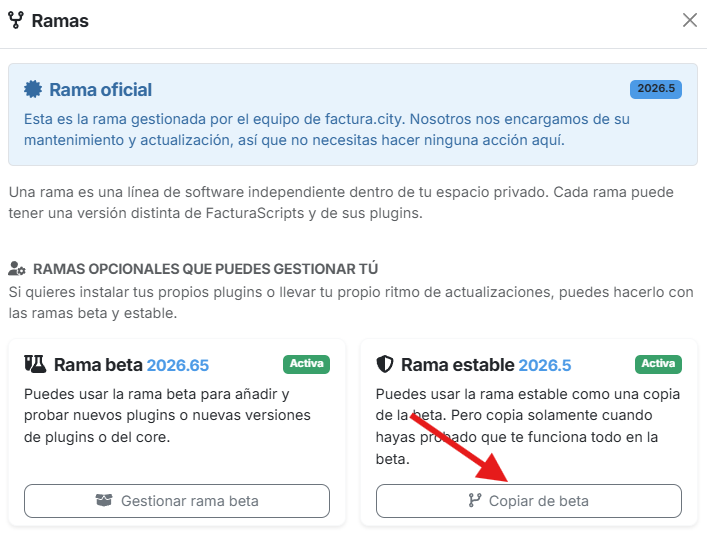 botón para copair rama beta en la rama estable
