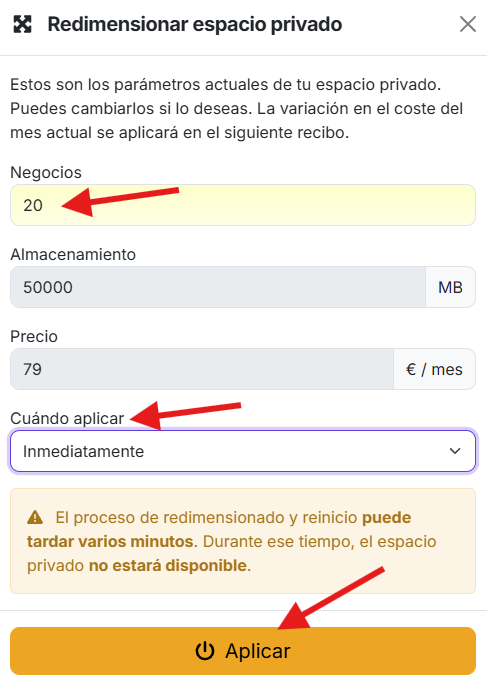 actualizar el espacio del espacio privado