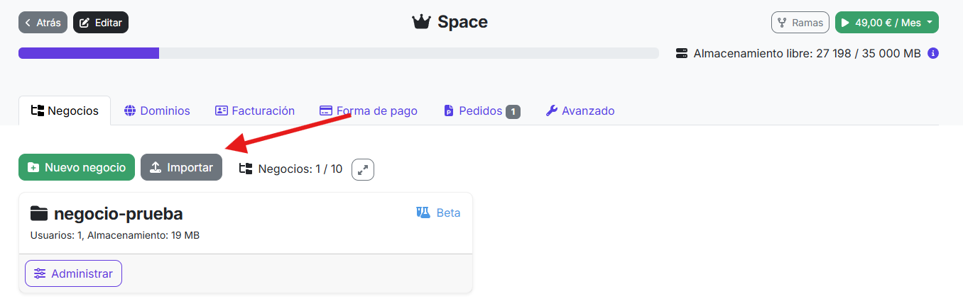 botón de importar en el espacio privado