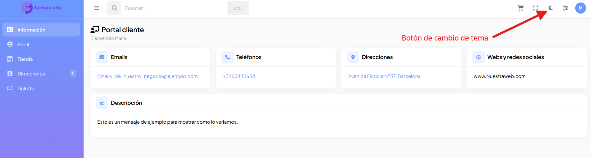 Botón de cambio de tema en la cabecera del portal claro