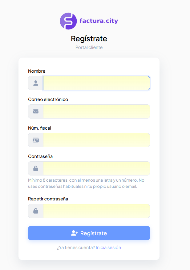 Formulario de registro/alta en el portal