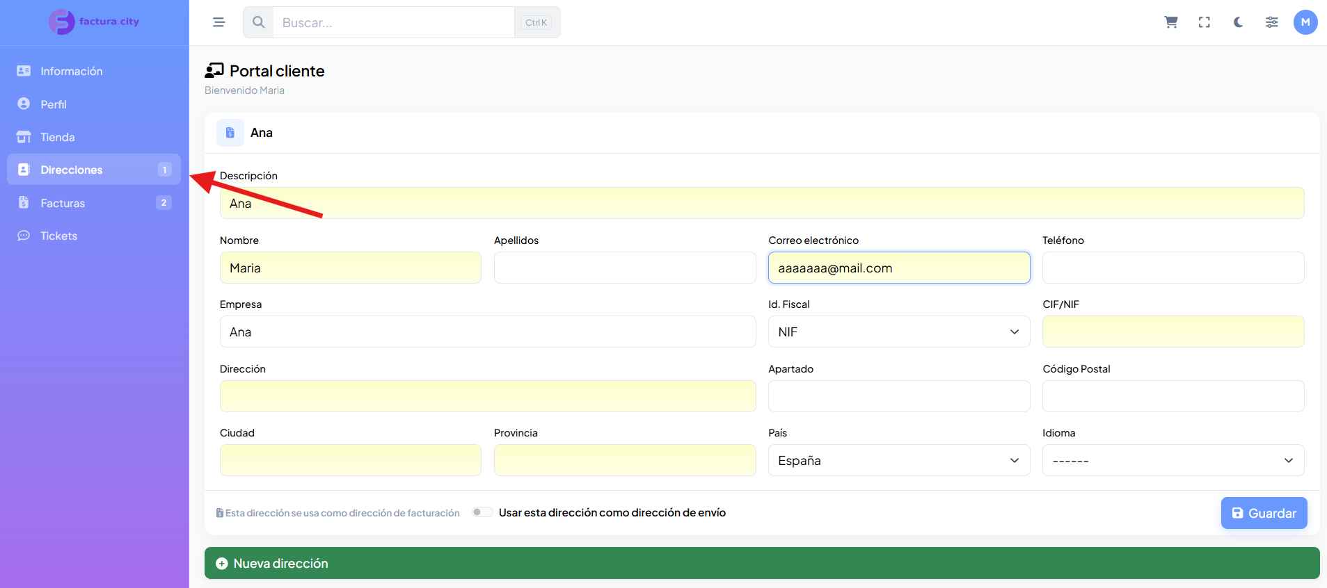 Pestaña Direcciones del portal