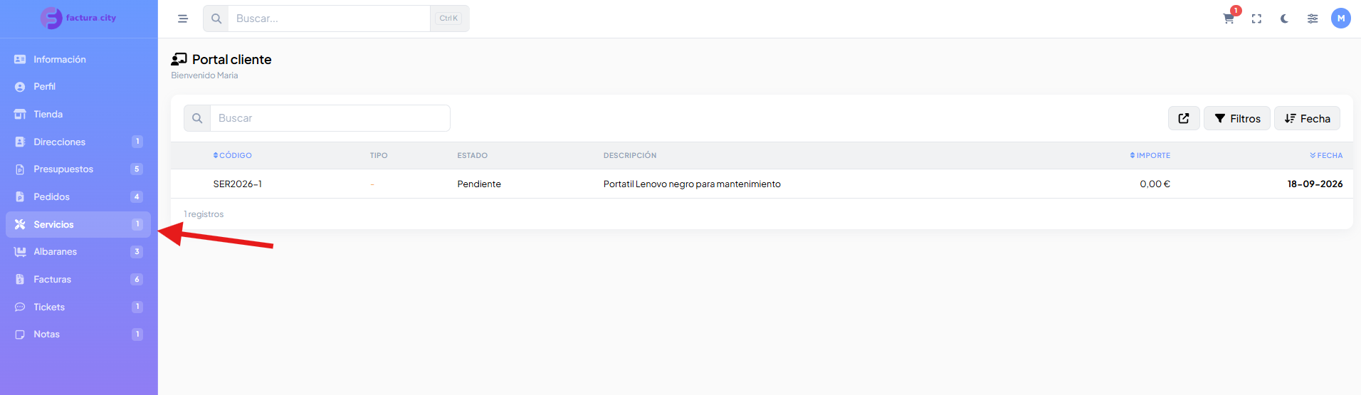 Listado de servicios en el portal