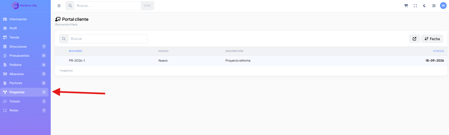 Listado de proyectos en el portal