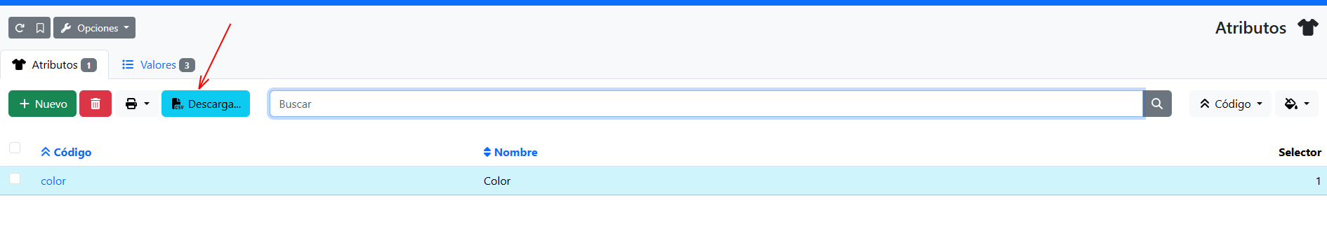 botón descargar en el listado de atributos