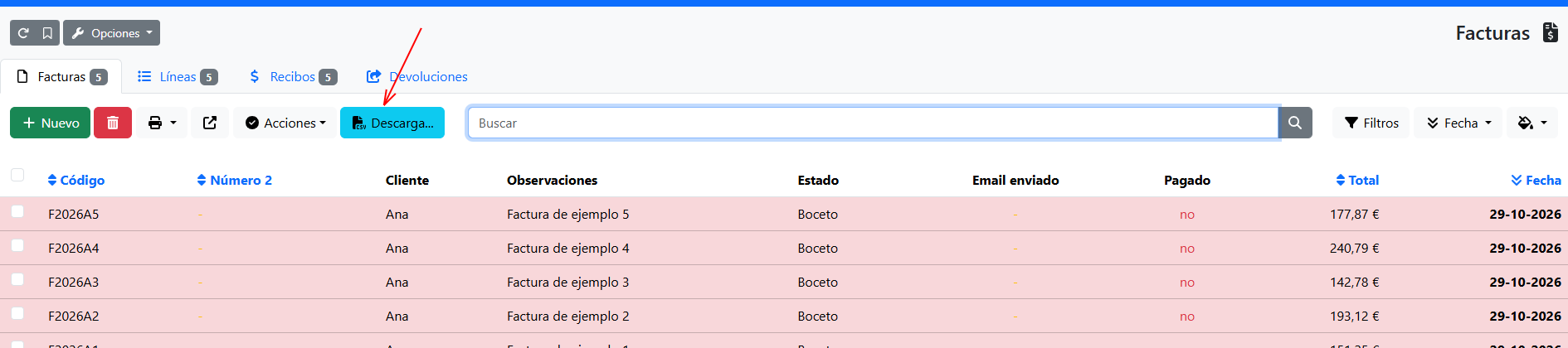 botón descargar en el listado de facturas
