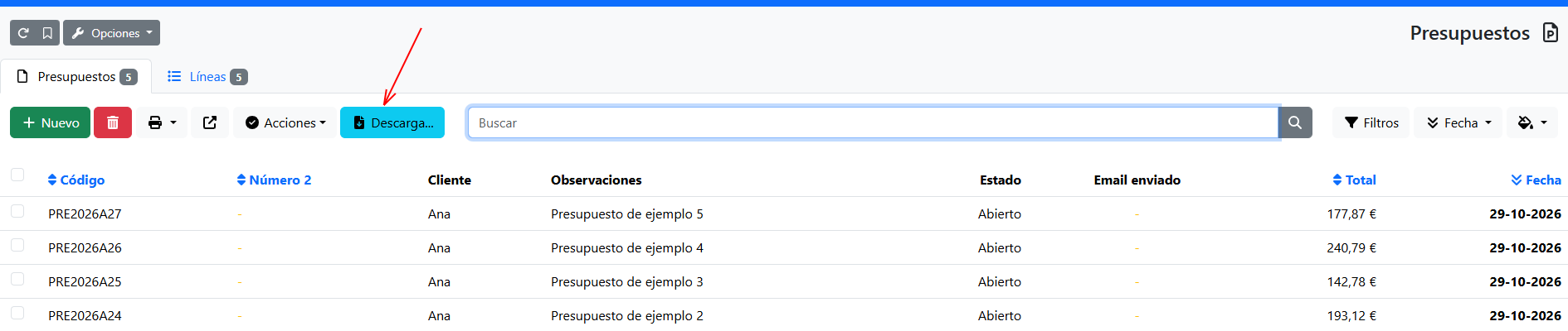 botón descargar en el listado de presupuestos