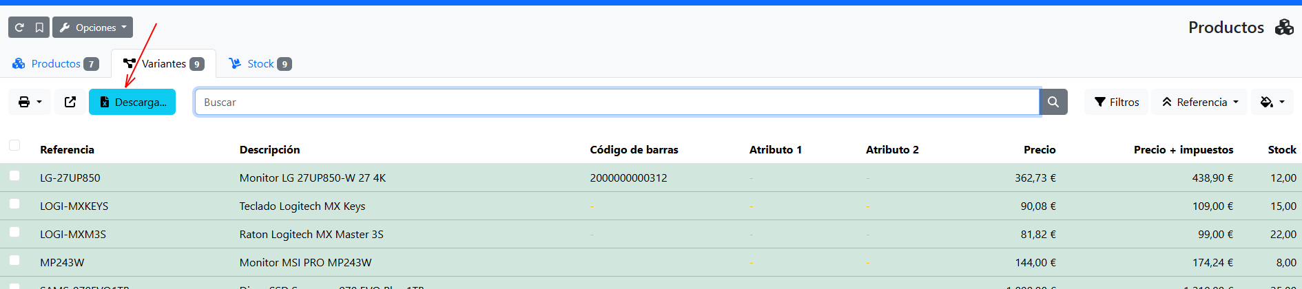 botón descargar en el listado de variantes